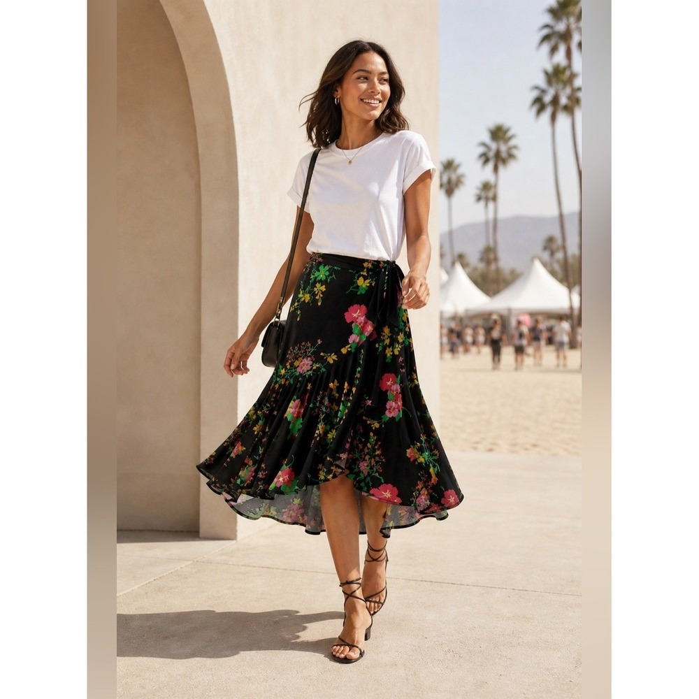 CABI Dark Floral Wrap Skirt M Midi Ruffle Work Boho Resort Vacation #5700 Black